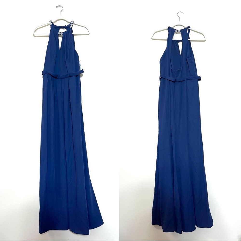 NWT David’s Bridal Keyhole Halter Jewel Neckline Maxi Dress Marine Navy